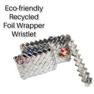 Eco-friendly Hand Woven Silver Recycled Foil Wrapper Wristlet & Pouch Set NWT